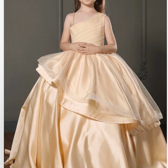 Gold Tiered Embellished One Shoulder Flower Girl Wedding Gown - Picture 1 of 6